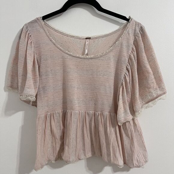 Free People Pastel Pink Babydoll Cropped Top Size XS Flutter Sleeve Striped - Picture 1 of 6